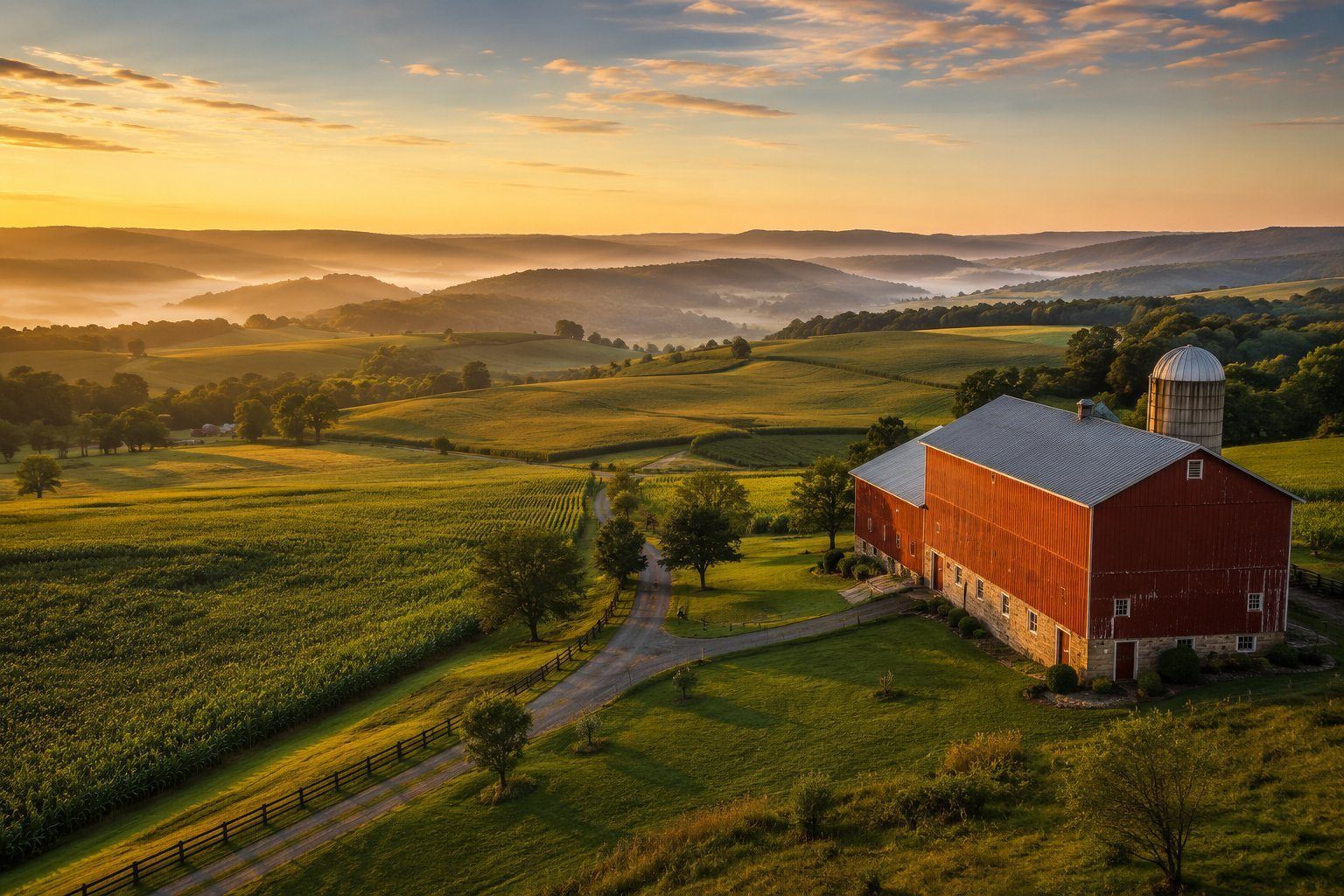 Pennsylvania farmland at sunrise &mdash; rolling fields and barn